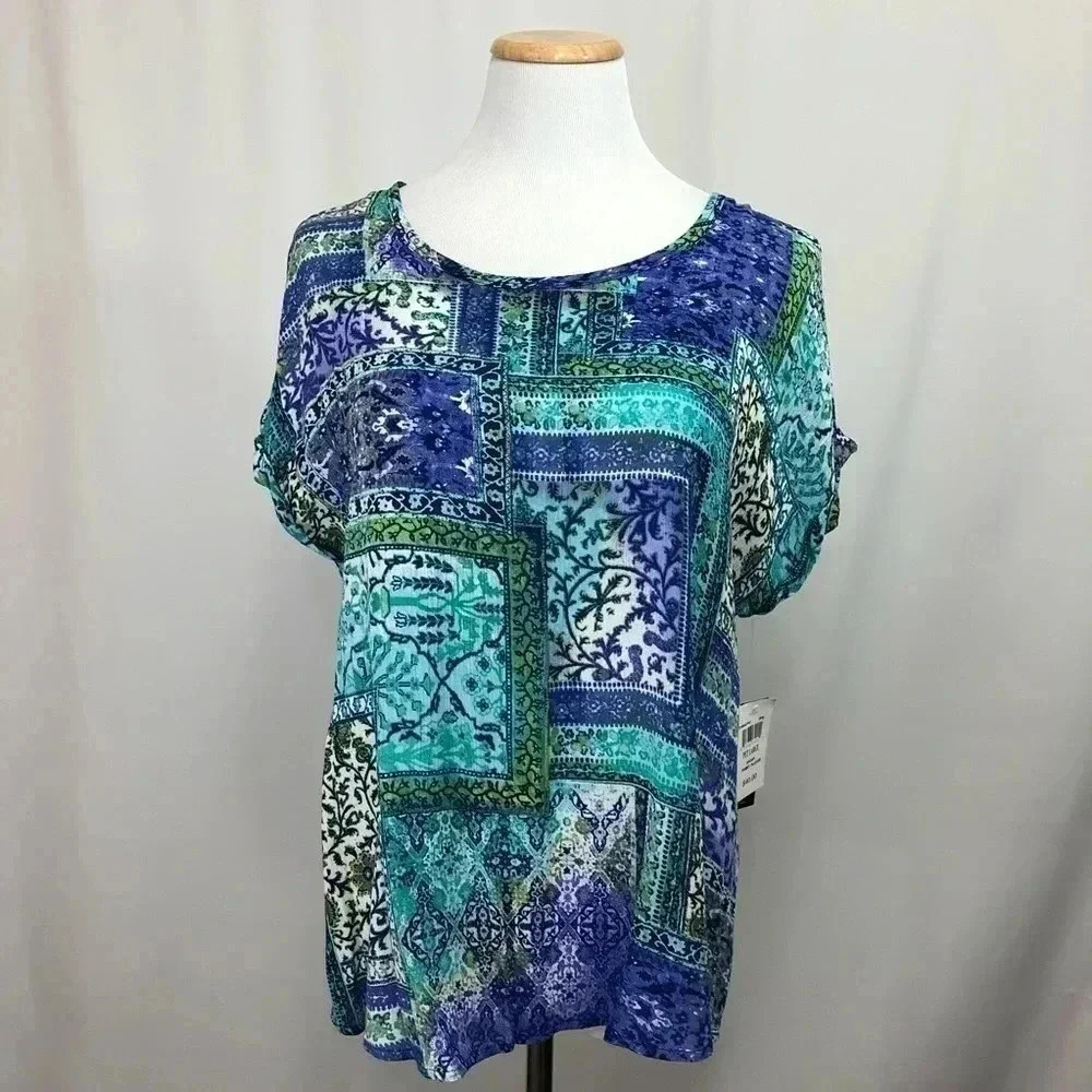 Bleeker & McDougal Top Blouse Blue Green Large Petitie Scoop Neck Sh Sleeve NWT